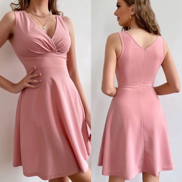 Dresses & Skirts - V neck ruched bust zip back twirl dress pink